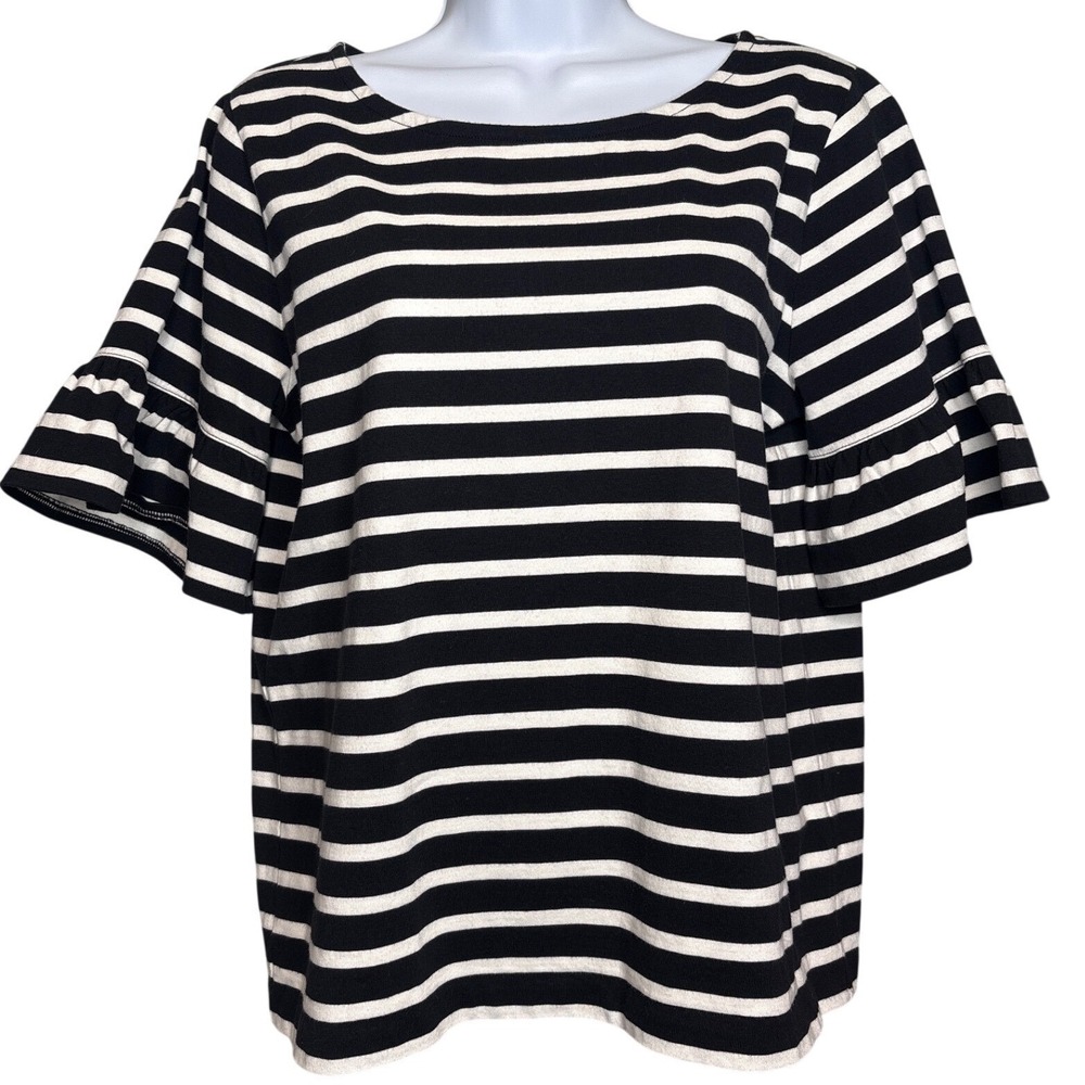 J. CREW Womens Black White Striped Top Size M Ruffled Sleeve Coastal Preppy